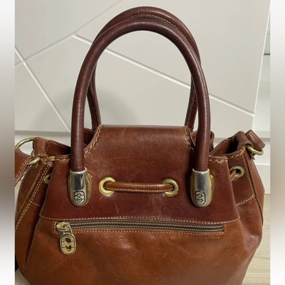 Vintage Large Leather Marino Orlandi Drawstring Buckle Bag. Orange and Brown. - Picture 4 of 8